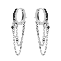 Hinged Hoops Black Zirconia Double Chain - Silver