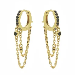 Hinged Hoops Black Zirconia Double Chain - Gold Color
